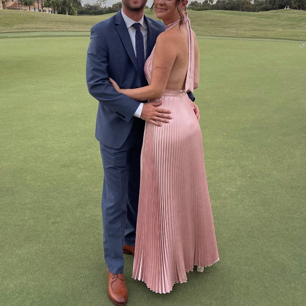 L'IDEE Renaissance Halter Side-Slit Pleated Maxi Dress - Ballet Pink